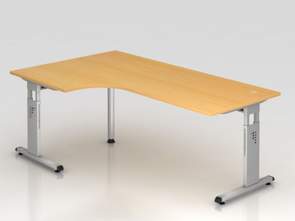 Table d'angle Hammerbacher pied C 200x120cm 90° hêtre/argent, forme d'angle 90°, peut être montée à gauche ou à droite, hauteur de travail 65-85 cm, VOS82/6/S
