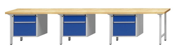 Établi combiné ANKE; 3 postes de travail; 4050x700 mm; RAL 7035/5010; 3x élément bas 660x615x600mm, 2 tiroirs 180, 360mm
