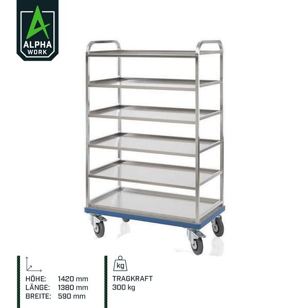 Chariot à étagères Alpha Work 5 compartiments, 1380 x 590 x 1420 mm, capacité de charge 300 kg, 08305