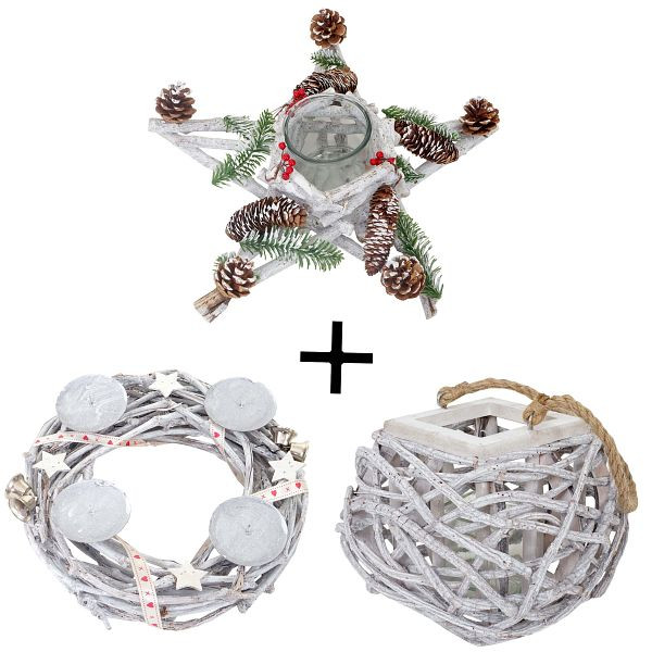 Ensemble de 3 couronnes de l'Avent Mendler + lanterne + arrangement, étoile de couronne de table de décoration de Noël avec insert en verre, 51908 + 51911 + 51910