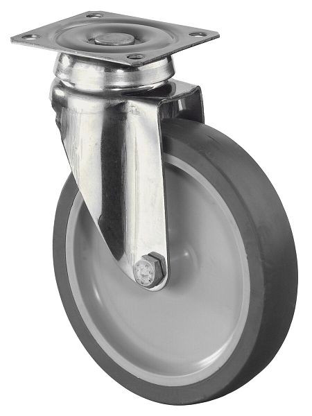 Rouleaux BS pour appareil en acier inoxydable, largeur 28 mm, Ø125 mm, jusqu'à 70 kg, bande de roulement en caoutchouc gris, corps de roue en plastique, plateau, palier lisse, G100.A80.126