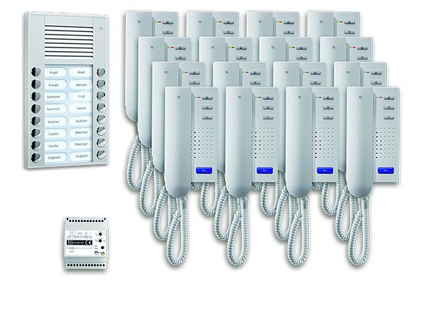 Système de contrôle de porte audio TCS : pack AP pour 16 unités résidentielles, avec poste extérieur PES 16 boutons de sonnerie, 16x interphones ISH3030, unité de contrôle BVS20, PPA16-EN / 02