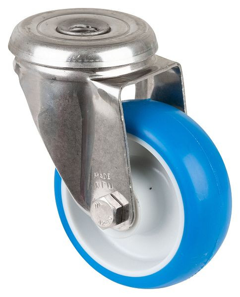 Rouleau de transport BS rollers en acier inoxydable, largeur 28 mm, Ø80 mm, jusqu'à 70 kg, bande de roulement polyuréthane bleu, corps de roue en plastique, palier lisse, H101.B32.080