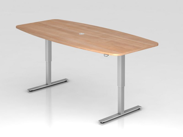 Table de conférence Hammerbacher avec interrupteur à bouton-poussoir, noyer, en forme de tonneau, avec 1 sortie de câble 8 cm, VXMST22/N/S