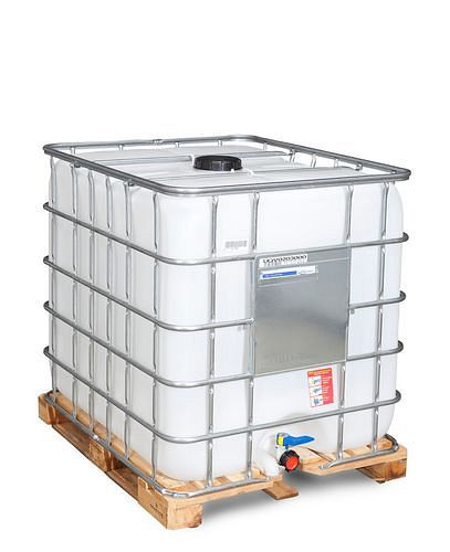 Conteneur DENIOS Recobulk IBC, palette bois, 1000 l, ouverture NW150, sortie NW50, 266-176