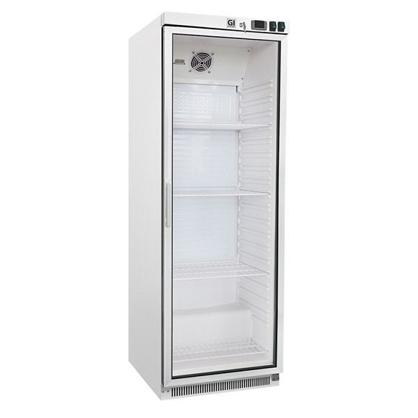 Réfrigérateur gastro-inox en acier blanc avec porte vitrée 400 litres, refroidi statiquement avec ventilateur, capacité nette 360 litres, 204.003
