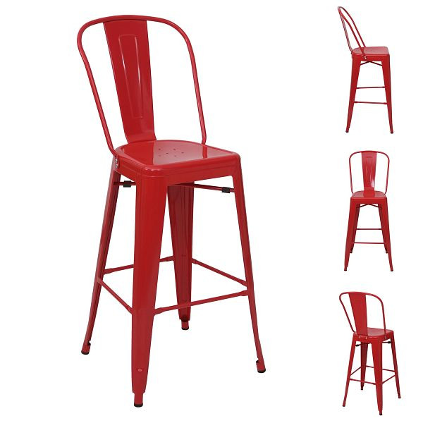 Mendler Lot de 4 tabourets de bar HWC-A73, tabouret de bar avec dossier, design industriel en métal, rouge, 4x59869