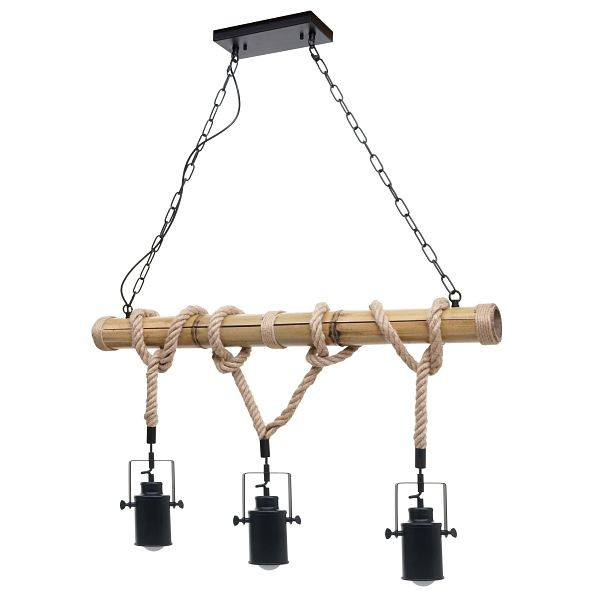 Suspension Mendler HWC-H82, lampe suspendue suspension, corde de bambou vintage industrielle métal noir, abat-jour 3x spot, 74204