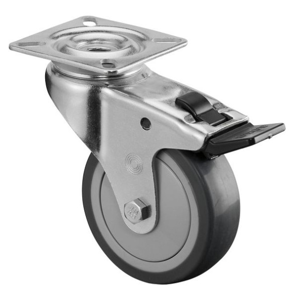 Rouleau d'appareil BS rollers, plateau, frein, largeur 25 mm, Ø75 mm, 60 kg, bande de roulement en caoutchouc gris, roulement à billes, lot de 8, A320.A85.075