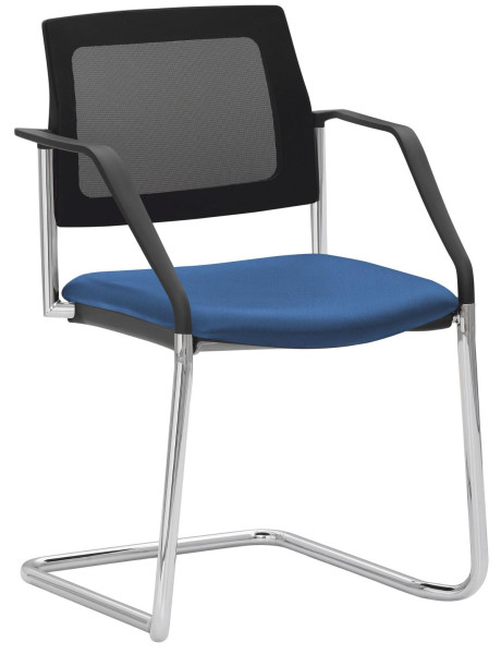 Chaise empilable Mayer Sitzmöbel , structure cantilever chromée, dossier en résille, accoudoirs inclus, bleu, 2519_F1_A_30612