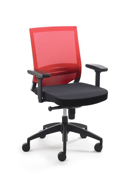 Chaise pivotante Mayer Sitzmöbel , assise rembourrée en tissu noir, dossier en résille rouge, roulettes pour moquette, accoudoirs réglables, 2475_03_AV