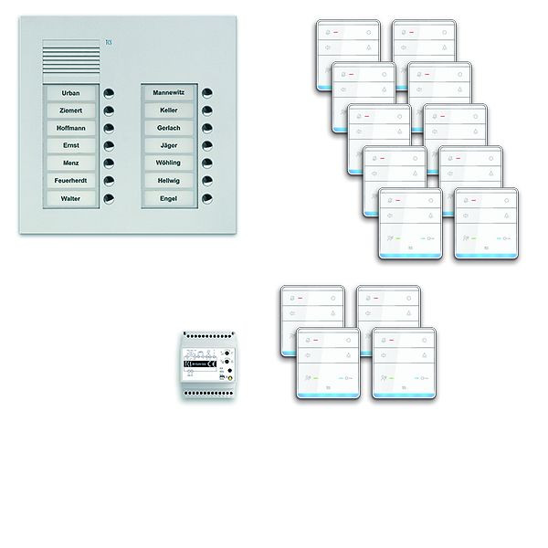 Système de commande de porte audio TCS : pack UP pour 14 unités d'habitation, poste extérieur PUK 14 boutons de sonnerie 2 colonnes, 14x haut-parleur mains libres ISW5010, commande, PPUF14 / 2-EN / 01