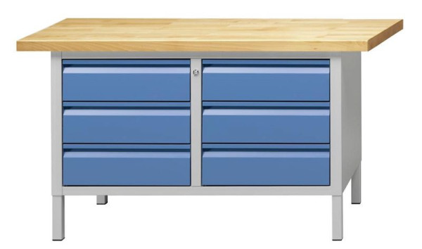 Établi d'armoire ANKE; 1500x700 mm; RAL 7035/5012; A gauche 3 tiroirs 170 mm; A droite 3 tiroirs 170 mm