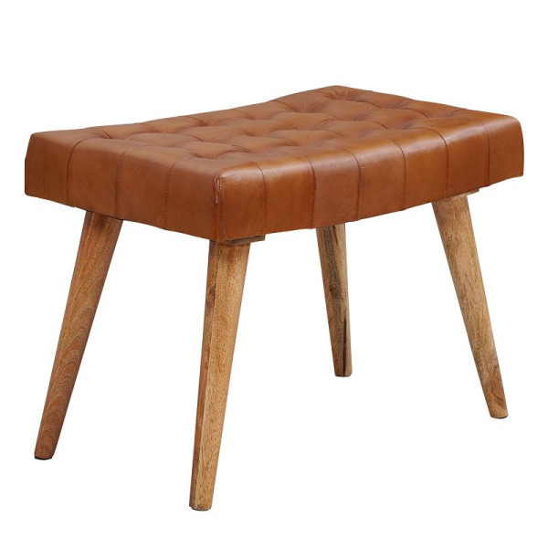 Tabouret Wohnling 67x47x39 cm bois massif de manguier / cuir véritable design Chesterfield, WL6.012