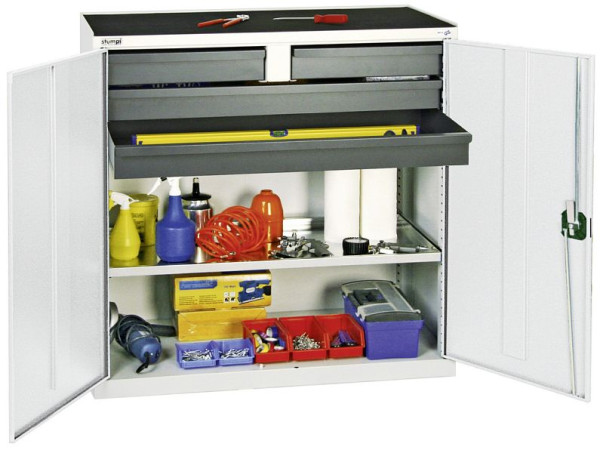 armoire à outils et matériaux contondants série 3000, 7035/7035, 2 tiroirs 100 mm, 2 tiroirs 100 mm continus, 1 étagère à plateaux, 3007407