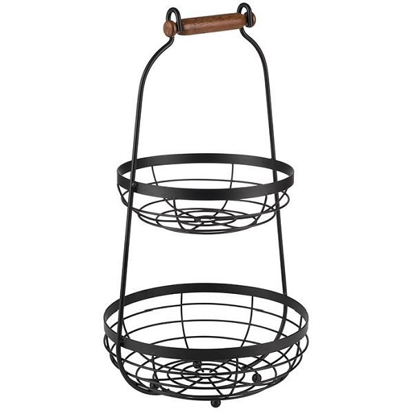 APS étagère 2 niveaux, Ø 26 cm, hauteur : 48 cm, métal, noir, poignée en bois, panier inférieur : Ø 26 cm, hauteur : 8 cm, 30335