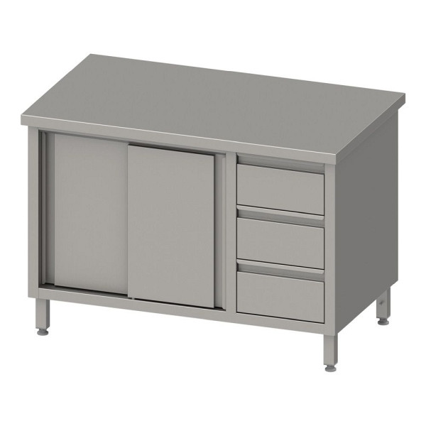 Armoire de travail Stalgast avec portes coulissantes 2000x600x850mm, avec bloc 3 tiroirs à droite, sans dosseret, soudé, VAS20606R