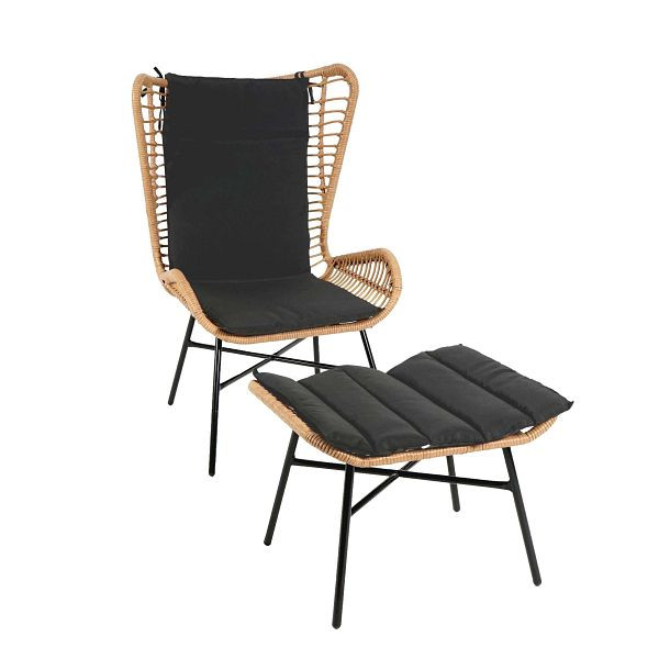 Ensemble en polyrotin Mendler HWC-G17b, ensemble de balcon, ensemble de jardin, groupe de sièges, chaise + tabouret, fauteuil, corde, couleur naturelle, coussins anthracite, 76316