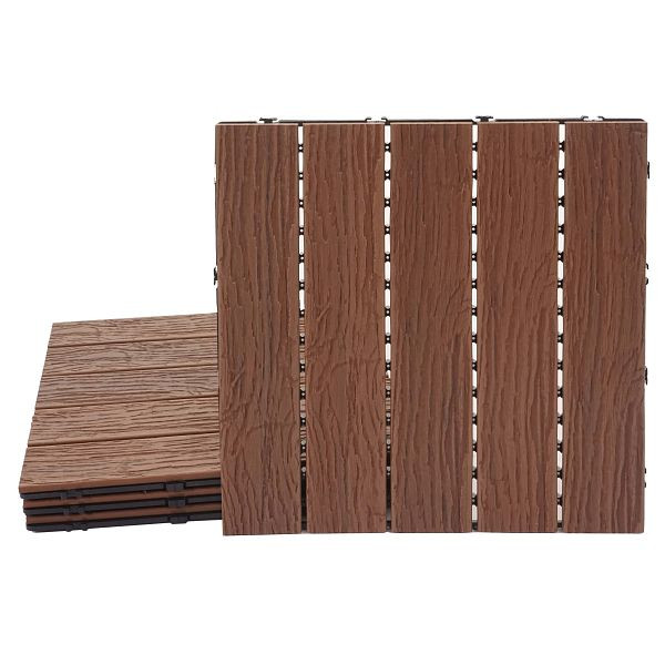 Carrelage de sol Mendler WPC HWC-E19, balcon/terrasse aspect bois, structure 3D linéaire, marron foncé, 4x chaque 50x50cm = 1m², 76703