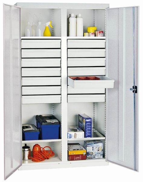 armoire à outils et matériaux contondants série 2000, 7035/7035, 14 tiroirs, cloison centrale, 4 étagères, 2004407