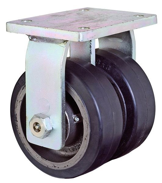 Roulette double robuste BS Wheels, roulette fixe, largeur de roue 2x75 mm, Ø roue 200 mm, capacité de charge 1100 kg, bandages élastiques noirs, fonte, roulements à billes, S110.B81.200