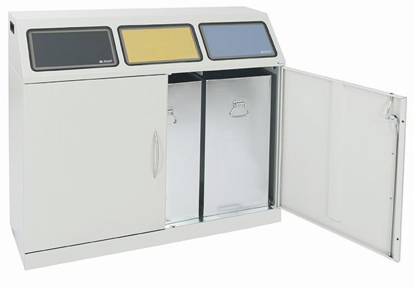Station de collecte des déchets contondants Flex-M-3 fois avec conteneurs intérieurs et levier au pied, ProPads en bleu, jaune et anthracite, 660-075-3-2-735