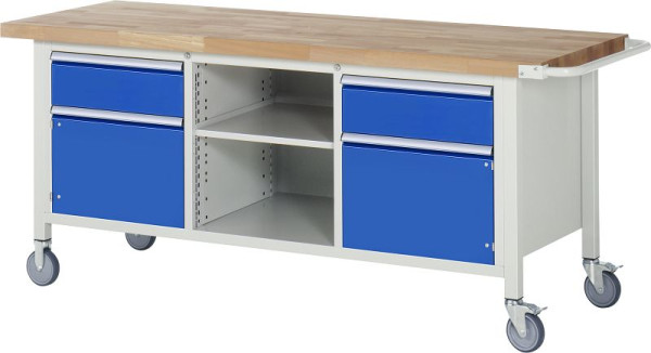 Établi mobile RAU modèle 8561, L2000xP700xH880-1080mm, gauche : 180mm, porte battante, milieu : étagère, droite : 180mm, porte battante, 05-8561A2-207B4H.11