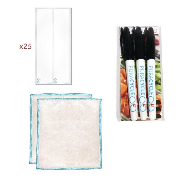 Puracycle Étiquettes vierges réutilisables pour bouteilles, marqueurs permanents et lingettes nettoyantes en bambou (ensemble), SA492