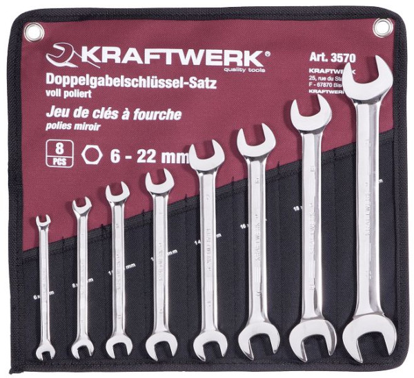Clé à fourche double Kraftwerk 6 - 22 mm, jeu de 8 pièces dans un coffret enroulable, 3570R