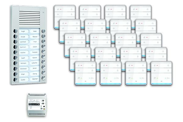 Système de commande de porte audio TCS : pack AP pour 20 unités résidentielles, avec poste extérieur PES 20 boutons de sonnerie, 20x haut-parleur mains libres ISW5010, unité de contrôle, PPAF20-EN / 01