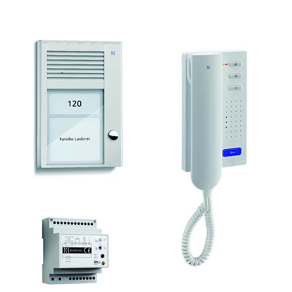 Système de contrôle de porte audio TCS : pack AP pour 1 unité résidentielle, avec poste extérieur PAK 1 bouton de sonnerie, 1x interphone ISH3130, unité de contrôle BVS20, PSC2110-0000