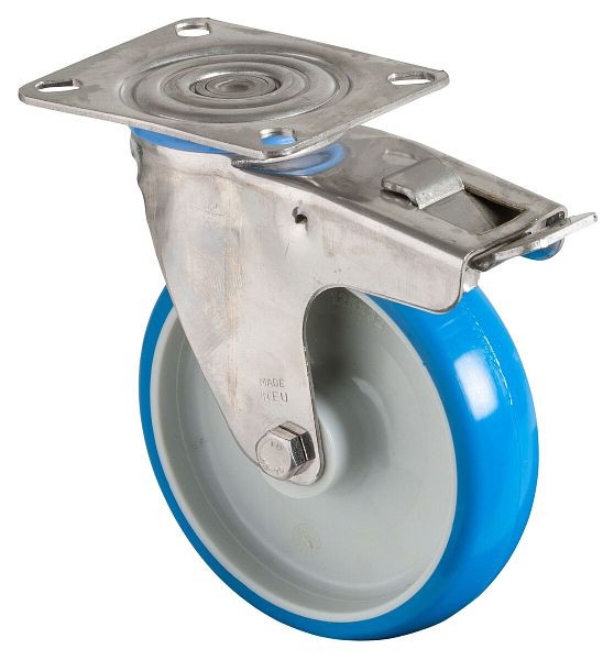 Rouleau de transport en acier inoxydable avec frein, W39 mm, Ø125 mm, jusqu'à 130 kg, polyuréthane bleu, corps en plastique, palier lisse, plateau, H120.B32.125