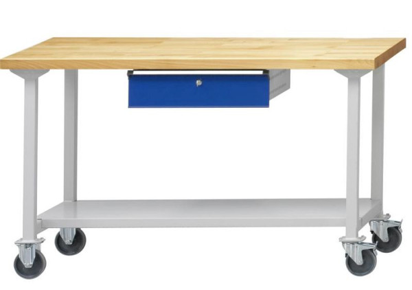 Table de travail ANKE; mobile; 1500x700 mm; RAL 7035/5010; 1xHängeschublade; 1x étagère de rangement en tôle d'acier de 500 mm de profondeur