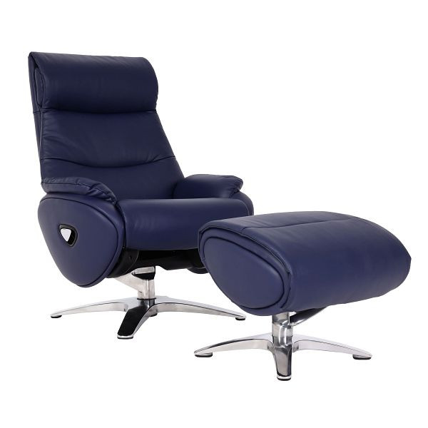 Fauteuil relax Mendler avec tabouret HWC-K98, fauteuil fauteuil TV, fonction d'inclinaison rotative, métal cuir véritable/simili cuir, bleu, 98339