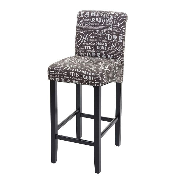 Tabouret de bar Mendler HWC-C33, tabouret de bar, bois, lettrage, gris, pieds foncés, tissu/textile, 74533