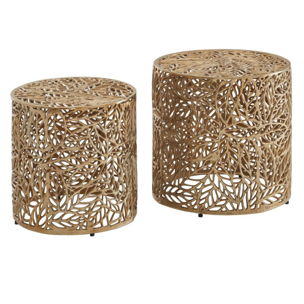 Wohnling Lot de 2 tables d'appoint rondes en aluminium et métal doré pour salon, table basse, motif floral, moderne WL6.671