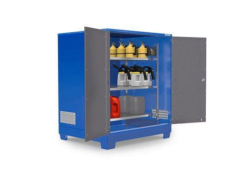 Dépôt de substances dangereuses DENIOS SteelSafe D4, avec portes et étagère en acier pour petits conteneurs, 220 l, 291-039