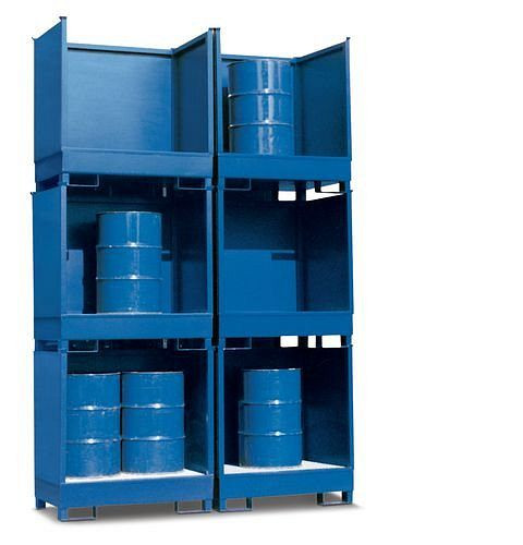 Station de matières dangereuses DENIOS 2 P2-O en acier, peinte, pour 2 fûts de 200 litres chacun, 3 parois, empilable, 114-612