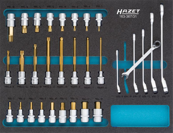 Jeu de clés à douilles Hazet, carré creux 12,5 mm, profil de traction à double hexagone extérieur, profil à six pans intérieurs, profil à dents multiples intérieur XZN, 163-367/31