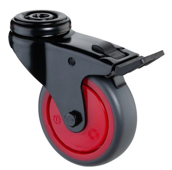 BS Castors Roulette pivotante avec frein noir, roue en caoutchouc thermoplastique gris, roulement à billes, trou arrière, diamètre : 75 mm, pack : 4 pièces, A821.A85.075.03