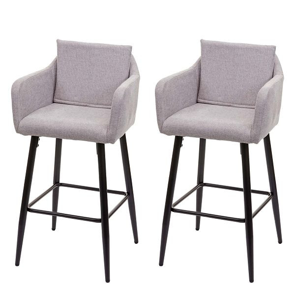 Ensemble de 2 tabourets de bar Mendler HWC-H93, tabouret de bar, tabouret de comptoir, repose-pieds en métal, tissu/textile gris clair, 74758