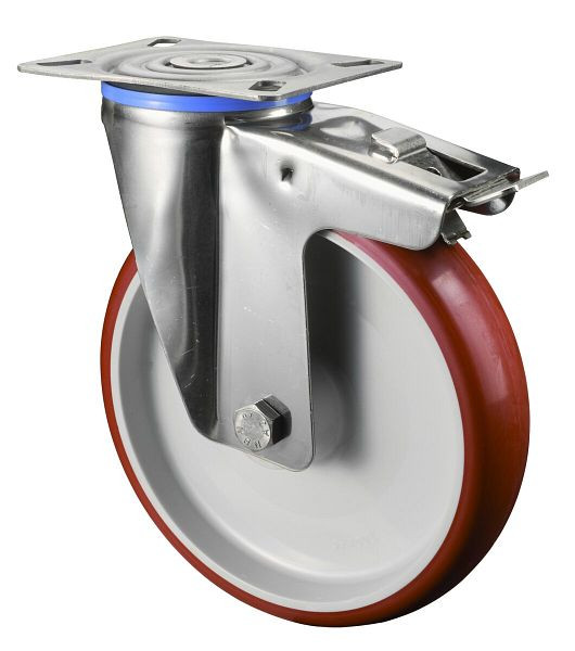 Rouleau de transport en inox avec frein, L45 mm, Ø200 mm, jusqu'à 200 kg, polyuréthane rouge, corps en plastique, palier lisse, plateau, H120.B26.200