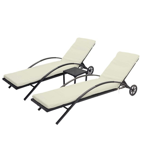 Ensemble de 2 chaises longues Mendler HWC-E27, chaise longue de relaxation, chaise longue de jardin, rotin synthétique, noir, coussins beige crème, 76137