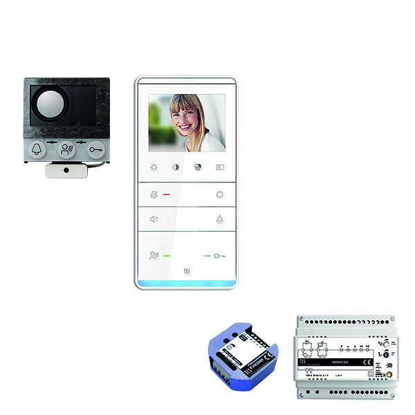 Boîte vocale encastrable vidéo TCS, 1 unité résidentielle, haut-parleur encastrable ASI12000 + 1x haut-parleur mains libres IVW5111, appareil de commande + transmetteur vidéo bifilaire, PVIF010/001