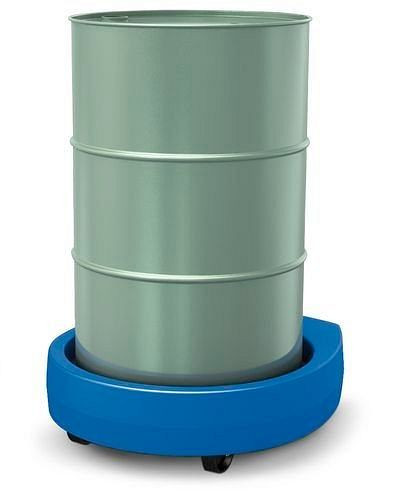 Rouleau à tambour DENIOS Poly200 E en polyéthylène (PE), 2 roulettes fixes, 2 roulettes pivotantes, bleu, 181-868
