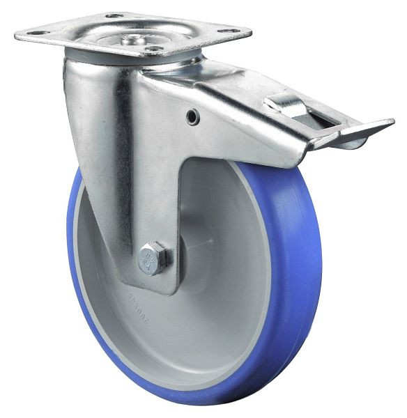 Rouleau de transport BS rollers avec frein, largeur 45 mm, Ø200 mm, jusqu'à 300 kg, polyuréthane bleu, corps en plastique, roulement à rouleaux, plateau, L420.B36.200