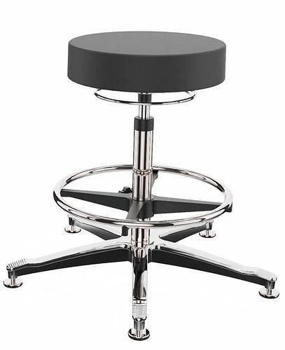 Tabouret de travail pour salle blanche Dauphin ESD, cuir artificiel, piètement en aluminium, patins de sol, anneau de pied, 267222