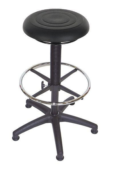 Tabouret de travail Lotz, siège en PU, super doux, noir, système de mousse 15 Shore, conduits de climatisation, Ø 350 mm, hauteur d'assise 540 - 800 mm, avec repose-pieds, 3575.05