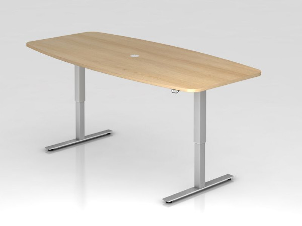 Table de conférence Hammerbacher avec interrupteur à bouton-poussoir, chêne, en forme de tonneau, avec 1 sortie de câble 8 cm, VXMST22/E/S