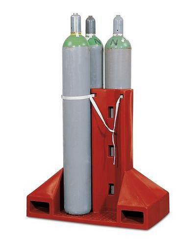 Palette pour bouteilles de gaz DENIOS GFP-4 en polyéthylène (PE), pour 4 bouteilles de gaz (Ø 230 mm), avec sangle d'arrimage, 155-648